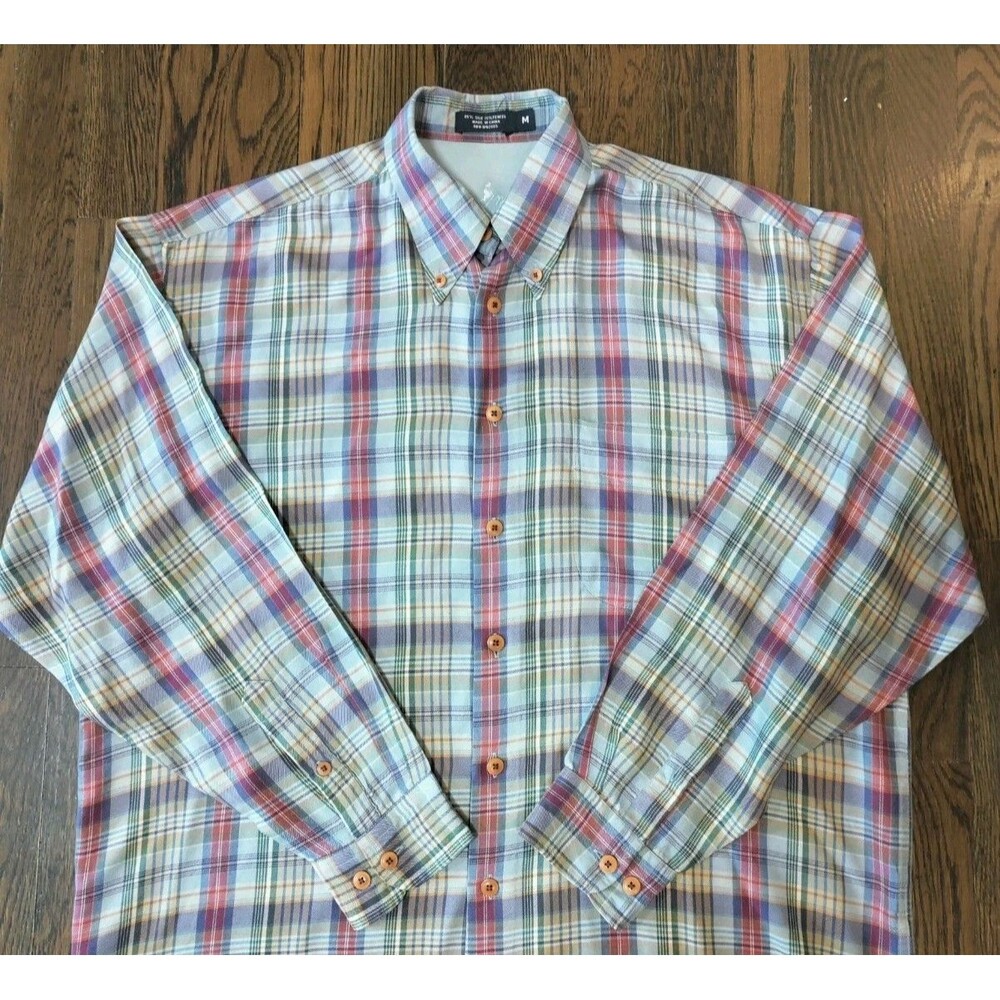 Johnny Walker Button Down Plaid Mostly Silk Shirt Men's Medium Light Weight